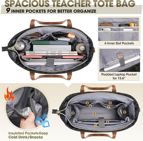 RAINSMORE Laptop Bag for Women 15.6Inch Teacher Nurse Tote Bag Professional Work Laptop Tote Bags with Insulated Pockets Computer Messenger Briefcase Large Handbag for Office College Business, Black in Kuwait