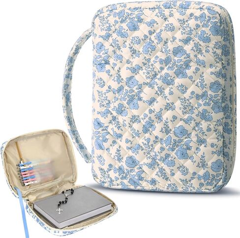 Aliceset 10.2"x7.9"x2.1" Large Bible Cover Case for Women Blue Floral Quilted Cotton Bible Carrying Cases Protective Bag with Handle and Zippered Pocket for Christian Study Supplies Church Gifts in Saudi Arabia