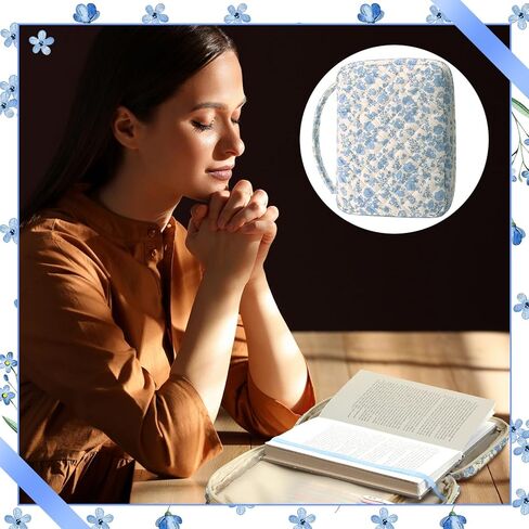 Aliceset 10.2"x7.9"x2.1" Large Bible Cover Case for Women Blue Floral Quilted Cotton Bible Carrying Cases Protective Bag with Handle and Zippered Pocket for Christian Study Supplies Church Gifts in Saudi Arabia