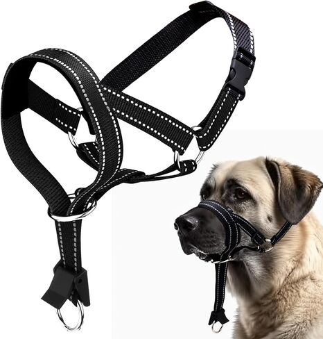 Dog Headcollar, Anti-Pull Dog Collar, Adjustable Reflective Dogs Muzzles, No Pull Mouth Harness with Training Leash (Black) in Kuwait