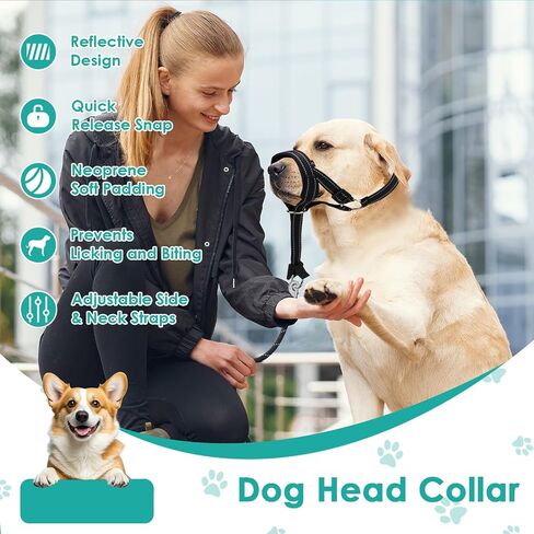 Dog Headcollar, Anti-Pull Dog Collar, Adjustable Reflective Dogs Muzzles, No Pull Mouth Harness with Training Leash (Black) in Kuwait