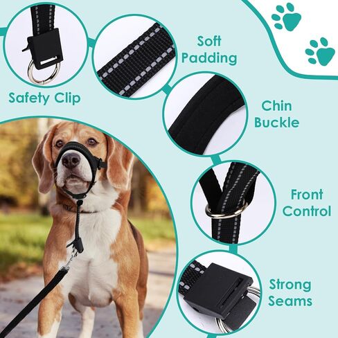 Dog Headcollar, Anti-Pull Dog Collar, Adjustable Reflective Dogs Muzzles, No Pull Mouth Harness with Training Leash (Black) in Kuwait