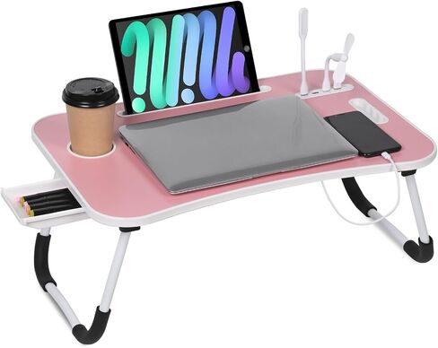 23.6 inch Portable Bed Desk, Folding Lap Desk with 4 USB Ports, Wind Fan, LED Light, Cup Holder and Side Drawer for Working, Reading, Writing, Eating on Bed, Sofa, Floor (Pink) in Saudi Arabia