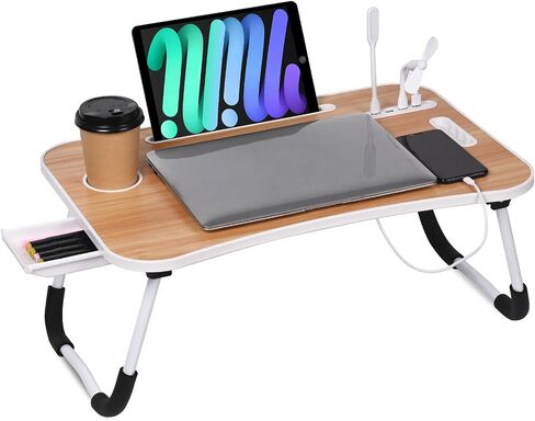 23.6 inch Portable Bed Desk, Folding Lap Desk with 4 USB Ports, Wind Fan, LED Light, Cup Holder and Side Drawer for Working, Reading, Writing, Eating on Bed, Sofa, Floor (Pink) in Saudi Arabia