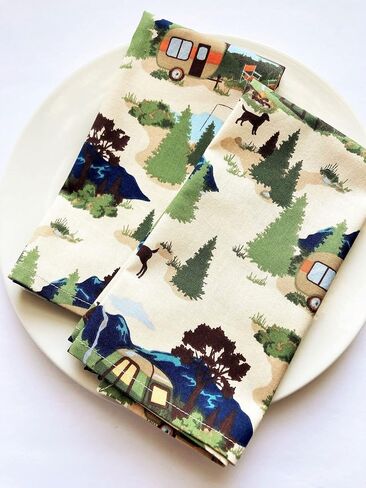 Camp Life - Set of 2 Print Napkins - 17 inches square - 100% Cotton Fabric - Beige with multi - Hemmed Squares - Homemade in Texas (17, Standard) (17, Standard) in Saudi Arabia