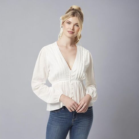 Jessica Simpson Womens Pleated Plunge-Neck Button-Down Top in Saudi Arabia