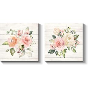 Flowers Picture Wall Art Print: Floral Painting Blossom Artwork on Wrapped Canvas for Bedroom (12" x 12" x 2 PCS, Multiple Sizes/Material)