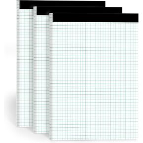 Graph Paper Pad 8.5 x 11, 3 Pack, 4x4 Graph Ruled, Grid Paper Notebooks 8-1/2" x 11, Graphing Paper Perforated Quadrille Pad, Grid Paper Pad 8.5 x 11, White 1/4 Inch Graft Graph Paper, 50 Sheets/Pad