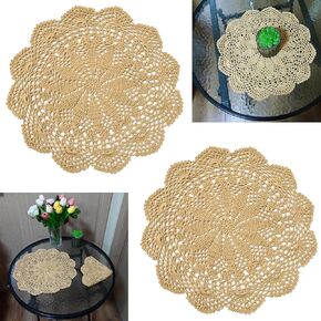 BIBITTIME 2PCS 15" to 16" Handmade Crochet Lace Doilies Round Flower Table Placemat Wedding Dresser Desk Vase Place Mats Champagne Tablecloth