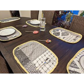 Handcrafted in the USA, Set of 6 Patchwork Quilted Placemats: 100% Cotton Embodying Farmhouse Elegance in Artisan's Harmony of Grey Shades and yellow