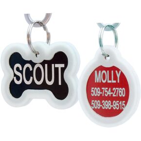 GoTags Personalized Pet ID Tags for Dogs and Cats, Includes Glow in The Dark Silencer to Protect Tag and Engraving, No Noise, Quiet Tags, Front and Backside Engraving, Bone