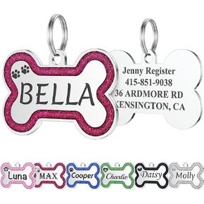 Stainless Steel Pet ID Tags in Glitter, Durable Dog Tags Engraved for Pets, Deep Engraved Personalized Dog Tags with Lovely 36 Icons, up to 5 Lines Custom Text Dog Name Tag (Small, Pink)