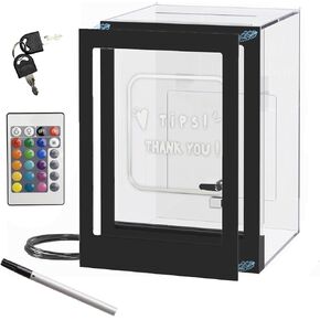 18-Color LED Acrylic Tip Jar for Bartender with Remote Control, Lockable Cash Slot & Customizable Magnetic Sign(5.9"x5.9"x8.8") – USB-Powered Donation Box for Restaurants, Bars, Charity Events