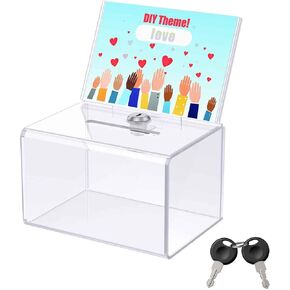 Uniclife Acrylic Donation Box for Fundraising, Clear Suggestion Box with Slot and Lock, Ballot Box with Sign Holder, Plastic Storage Container for Voting Charity Tip Collection, 6.3" x 4.6" x 4"