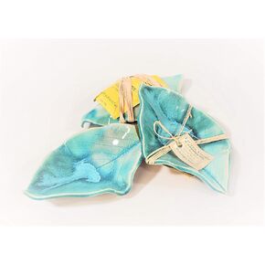 Earthen Vessels Pottery, Handmade, Hydrangea Leaf, Tea Bag Holder, Teaspoon Rest or Ring Dish, Set of 3, In Ocean Teal