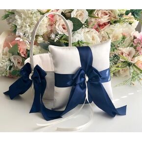 Navy Flower Girls Basket, Flower Girl Gift, Navy Blue Basket, flower girl bag, twig basket, small basket wedding flower girl proposal (Ivory, 1 Pillow + 1 Basket)