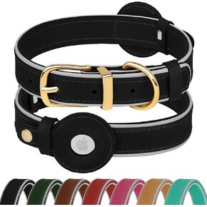 OOPSDOGGY Reflective Geniune Leather Airtag Dog Collar Soft Padded Collars for Small Medium Large Breed Dogs Puppy, 4 Sizes, 7 Colors (Black, XLarge, 19"-24")