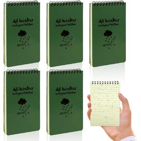 5 Pack Waterproof Pocket Notebook, Top-Spiral Waterproof Pocket Notepad, Write in the Rain Note Pads with Grid, Memo Paper Notepad Small Notebook for Outdoor Travel Office School Home (Green)