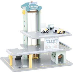 HONEY JOY Wooden Toy Car Garage, Parking Lot Vehicle Playset w/Elevator, Helicopter Landing Pad, Car Wash Center, Charging & Gas Station, Ramp, Pretend Play Gift, Develops Motor Skills & Creativity