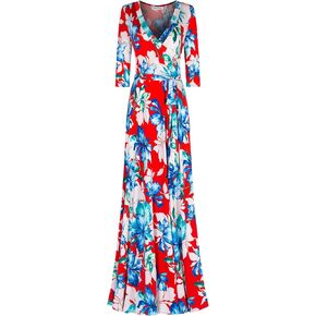 Women's 3/4 Sleeve Floral Printed Bohemian Maxi Wrap Dress Navy L in Kuwait