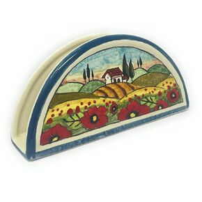 CERAMICHE D'ARTE PARRINI - Italian Ceramic Art Pottery Napkin Holder Hand Painted Pattern Landscape Poppies Tuscan Made in ITALY Florence