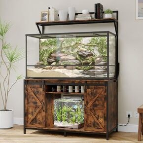 VOWNER Farmhouse Reptile Tank Stand with Power Outlet, 48" X 24" Tabletop Fits up to 120 Gallon Bearded Dragon Tank, Heavy Duty Aquarium Stand with Storage Cabinet, Reptile Turtle Terrarium Stand Grey
