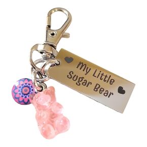 Blue Sugar Bear Keychain, Gummy Bear Charm with Mandala and Engraved Tag, Stainless Steel