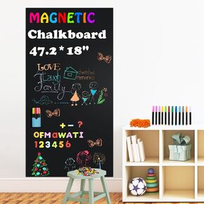 Magnetic Whiteboard Contact Paper for Wall 47.2" x 18", Adhesive Magnetic Dry Erase White Board Sticker with 79 Magnetic Letters 12 Liquid Chalk for Kid, Peel and Stick Wallpaper