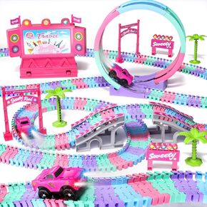Golray Car Race Tracks for Kids Ages 3-5, Pink Magic Tracks Car Toys with 360° Rotating, Princess Flexible Race Track for Kids, Birthday Gift Girls Toys 3 4 5 Years Old