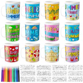 Summer Color Your Own Mugs for Kids - 12Pcs Hello Summer Bulk 8oz Personalized Coffee Mugs with 36Pcs Insert Paper Hawaii DIY Plastic Cups for Birthday Holiday Party School Home Activities Supplies