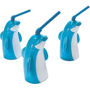 Fun Express Set of 8 Pieces Dolphin Shaped Cup with Straw, Holds 12 oz, BPA Free Plastic, Pool Party Supplies, Blue and White