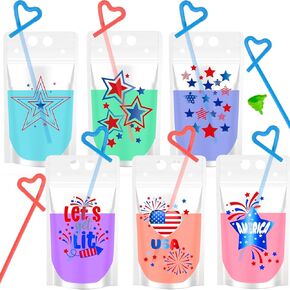 ChezMax 24PCS Drink Pouches for adults, Patriotic Drink Pouches with Straws, USA Party Favors, American Flag Party Supplies, Pouches Stand up Bags, Juice Pouches, 6 Styles, 500 ML