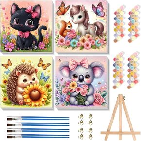 cviokrdu 4 Pack Paint by Numbers Kit for Kids with Frame - Wooden Easel, Flowers Paint by Numbers for Kids Ages 4 8 12, Easy Flower Acrylic Oil Painting Kits for Home Wall Decoration 8x8 inch