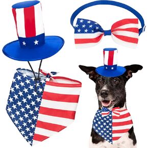 3 PCS 4th of July Dog Bandana, Uncle Sam Pet Top Hat, American Flag Dog Bone Toy for Small Medium Dogs