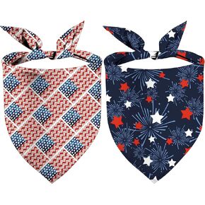 4th of July Dog Bandanas 2 Pack, Stars Blue Red Fireworks Print Scarfs for Boy and Girl, Patriotic Pet Scarves for Independence Day Bandanas Bulk for Small Medium Large Dogs (4th of July-3, One Size)