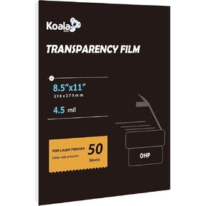 Koala Laser Transparency Film 8.5 x 11 Inches, 50 Sheets - 100% Clear Waterproof Transparency Sheets for Laser Printers, Copiers, Crafts & Presentations