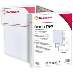DocuGard Standard Medical Security Paper for Printing Prescriptions and Preventing Fraud, CMS Approved, 6 Security Features, Laser and Inkjet Safe, Blue, 8.5 x 11, 24 lb., 2500 Sheets (04541C)