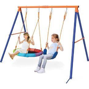 GIKPAL Saucer Swing with Stand for Kids Outdoor, 440lbs Swing Set with Heavy-Duty Metal Frame and Adjustable Ropes, Safe Waterproof Round Playset for Backyard Playground Park, Rainbow Color in Kuwait