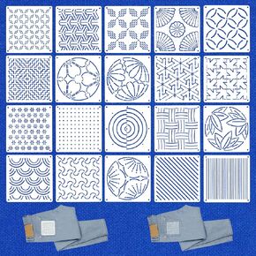 20 PCS طقم Stashiko Stencil ، 5.1 × 5.1 بوصة قوالب خياطة خياطة هندسية ، وتطريز للتطريز ومثبتات خط الخياطة مشاريع الخياطة