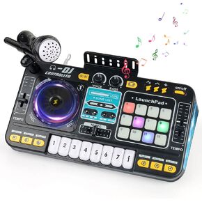 DJ Mixer for Kids Age 3+, 2-In-1 8-Key Keyboard Piano 12 MIDI Buttons DJ Set with Entertainment Mode, Bluetooth & Recording Function, Musical Toys Gifts for Birthday, Christmas, New Year