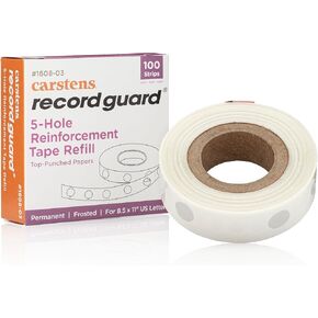 Carstens Record Guard® Self-Adhesive Hole Reinforcement Tape Refill, 5-Holes for Top Punched Letter-Size Papers, ¼ Hole Reinforcement Sticker, Frosted (1608-03)