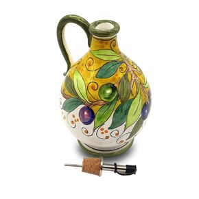 Italian Ceramic Olive Oil Dispenser Bottle XL Size - Hand Painted Oil Cruet Olives Design for Kitchen - Made in ITALY Tuscany - Italian Pottery - 14 Oz