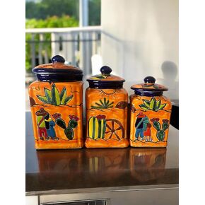 مجموعة Southwestern Talavera Canister مجموعة من 3 قطع. الفخار المكسيكي تصميم صبار الصحراء. تخزين مطبخ كبير إضافي ؛ ديكور فريد من نوعه. طعام آمن