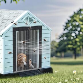 Mosquito Proof Dog House Cover with Magnetic Screen Door-Heavy-Duty Mesh Kennel Curtain,Ventilated&Washable Pet Mosquito Screen Door for Kennels,Mosquito Screen Door for Dog House (19.6'' x 14.5'')