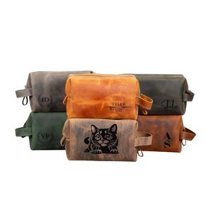 Monogrammed Leather Toiletry Bag for Men - Personalized Travel Dopp Kit with Initials - Premium Quality Mens Travel Bag Toiletry - Groomsmen Gifts - Laser Engraving - Embossing (Walnut Brown)