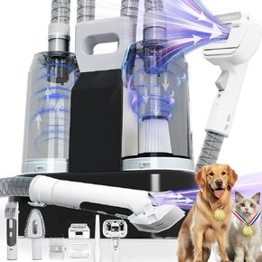 FOTING 6 in 1 Dog Grooming Vacuum & Dryer Kit, 10000pa Dogs Vacuums for Shedding Grooming, 2.1L Double Dust Cup Separator Design, Dog Dryer Clippers Brush Tool, Pet Grooming Vacuum for Dogs at Home