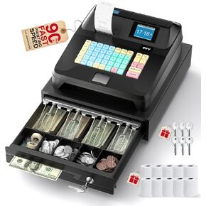 PYY Cash Register for Small Businesses - Electronic Commercial Caja Registradora para Negocio with Lock Cash Drawer Box, 8 Digital Dual Display, 48 Keys, Restaurant Supermarket Pos Retail System