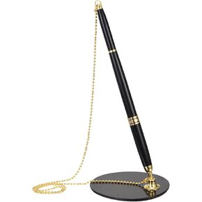 PATIKIL Secure Pen with Chain and Adhesive Pen Holder, Reception Counter Desk Pen with Security Pen Holder for Office Bank Hotel Lobby, Black Gold