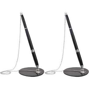 PATIKIL Secure Pen with Chain and Adhesive Pen Holder, 2Pcs Reception Counter Desk Pen with Security Pen Holder for Office Bank Hotel Lobby, Black Gold