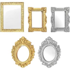 5Pcs Miniature Dollhouse Accessories Mini European Frame Mirrors Set, Dollhouse Furniture Victorian Baroque Wall Decor Miniature Bedroom Mini Furniture Accessory for 1:12 Scale Dollhouse Decor
